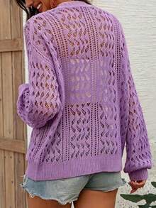 Áo khoác cardigan nữ mỏng nhẹ màu tím cổ chữ V, áo len dệt kim khoét lỗ cài cúc phía trước thời trang, thích hợp cho mùa xuân/hè, mặc thường ngày, đi biển. - Màu tím hoa cà - Xem 2