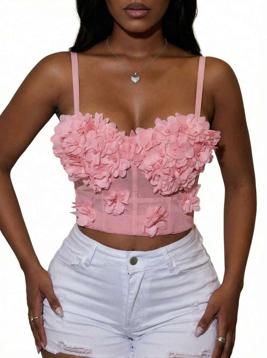 Blazique Áo corset Yuwenier Solid Mesh họa tiết hoa 3D đính ngọc trai, dây mảnh, hở lưng, kiểu áo croptop định hình dáng người, thích hợp cho các lễ hội âm nhạc, đám cưới, mùa hè, phong cách thường ngày. Màu hồng. - Hồng - Xem 1