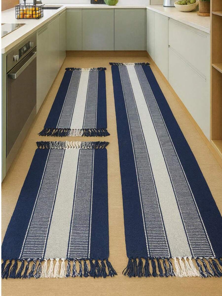 Kitchen Mat Set 3 Pieces: Runner + 2 Mats - Blue and White - View 1