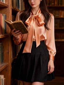 Camisa casual de manga larga de satén blanco elegante para mujer, blusa versátil para ir al trabajo con detalle de cuello con lazo - unicolor apto para todas las estaciones, lavable a máquina, no transparente, tela suave y transpirable, textura de satén refinada, corbata de unicolor para la oficina y uso diario en primavera - Naranja Coral - Ver 7