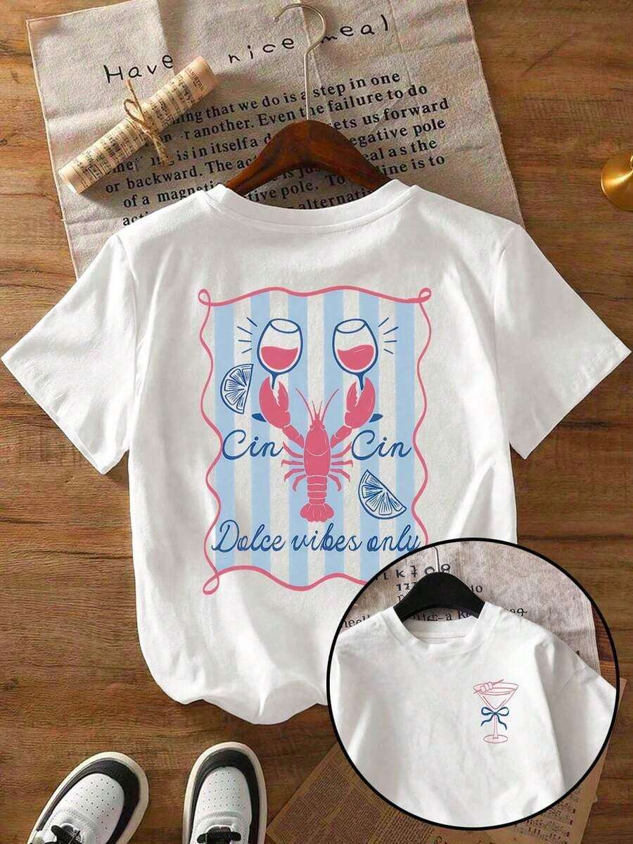 Retro Holiday-Style Lobster Wine Glass With Lime Pattern. Printed Plus-Size Casual T-Shirt. - White - View 1