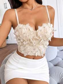 Handmade Floral Rhinestone Decorated Sexy Sparkling Diamond Short Camisole Tank Top, Cute Top For Holiday Party And Outdoor Activities Casual Summer - Apricot - View 3