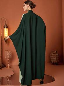 Women's V-Neck Color Block Pleated Casual Party Arabic Batwing Sleeve Dress - Green - View 5