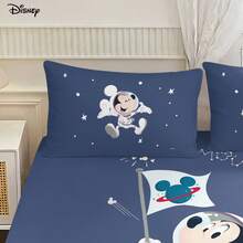 Bộ đồ giường 3 món Disney hình chuột Mickey mặc bộ đồ phi hành gia đáng yêu, gồm ga trải giường và 2 vỏ gối, màu xanh đậm, họa tiết hành tinh. - Bộ ga trải giường vừa vặn - Xem 3