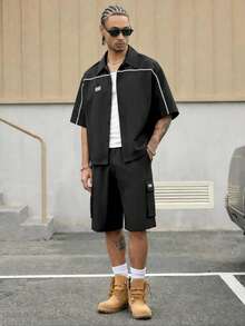 Men's Summer Casual Contrast Trim Shirt And Shorts Set - Black - View 4
