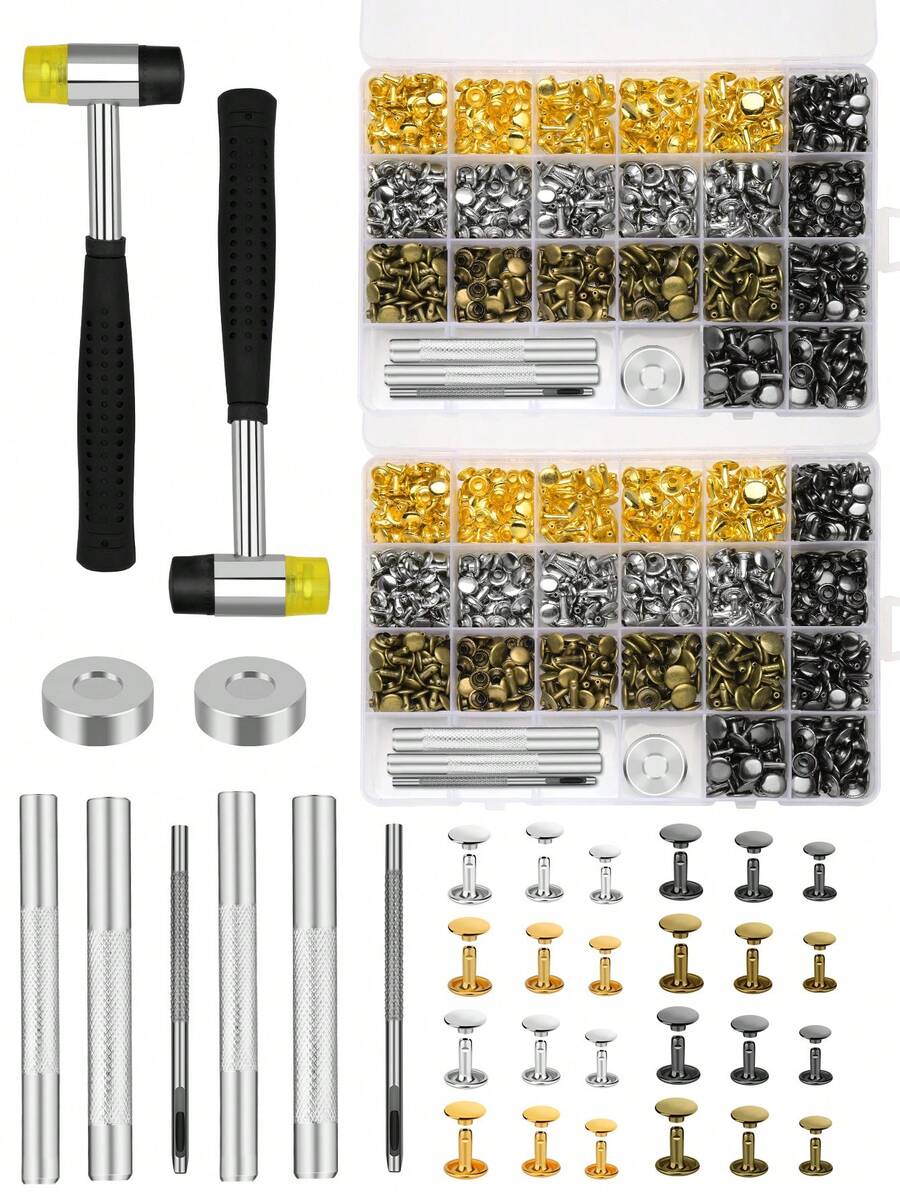 Bộ đinh tán da 360/480 cái, 4 màu, đinh tán hai đầu hình ống, 3 kích cỡ, kèm búa cao su và dụng cụ đóng đinh, 4 món dùng cho đồ thủ công da, quần áo, giày dép, trang trí và sửa chữa. - đinh tán - Xem 1