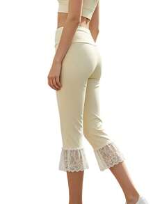 Women Flare Capris Legging Pants Summer Lace Trim Fold-Over High Waist Cropped Pants  Trousers For Streetwear - 黃色 - 查看 6