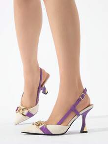Women's Color Block Chain Decor Pointed Toe Closed Toe High Heel Pumps With Ankle Strap, Elegant For Daily Commute, Party, Date, Holiday Celebration, Formal Occasions, Suitable For 2026 All Seasons, Purple High Heels - Purple - View 4