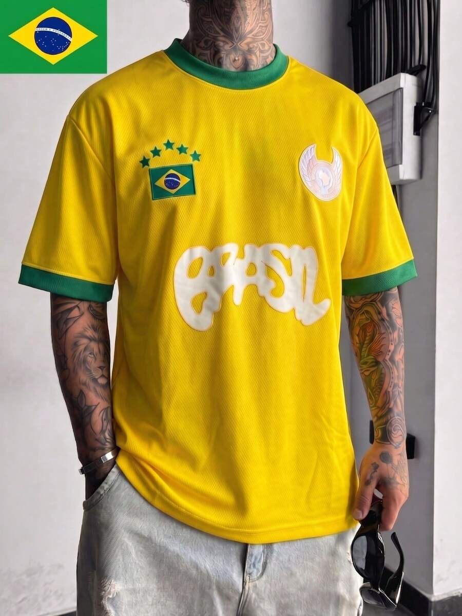 Áo thun bóng đá nam Fractyr Brazil "O Rei" số 10, chất liệu lưới thoáng khí, màu vàng và xanh lá cây, kiểu dáng đường phố, in hình trước và sau. - Màu vàng - Xem 1