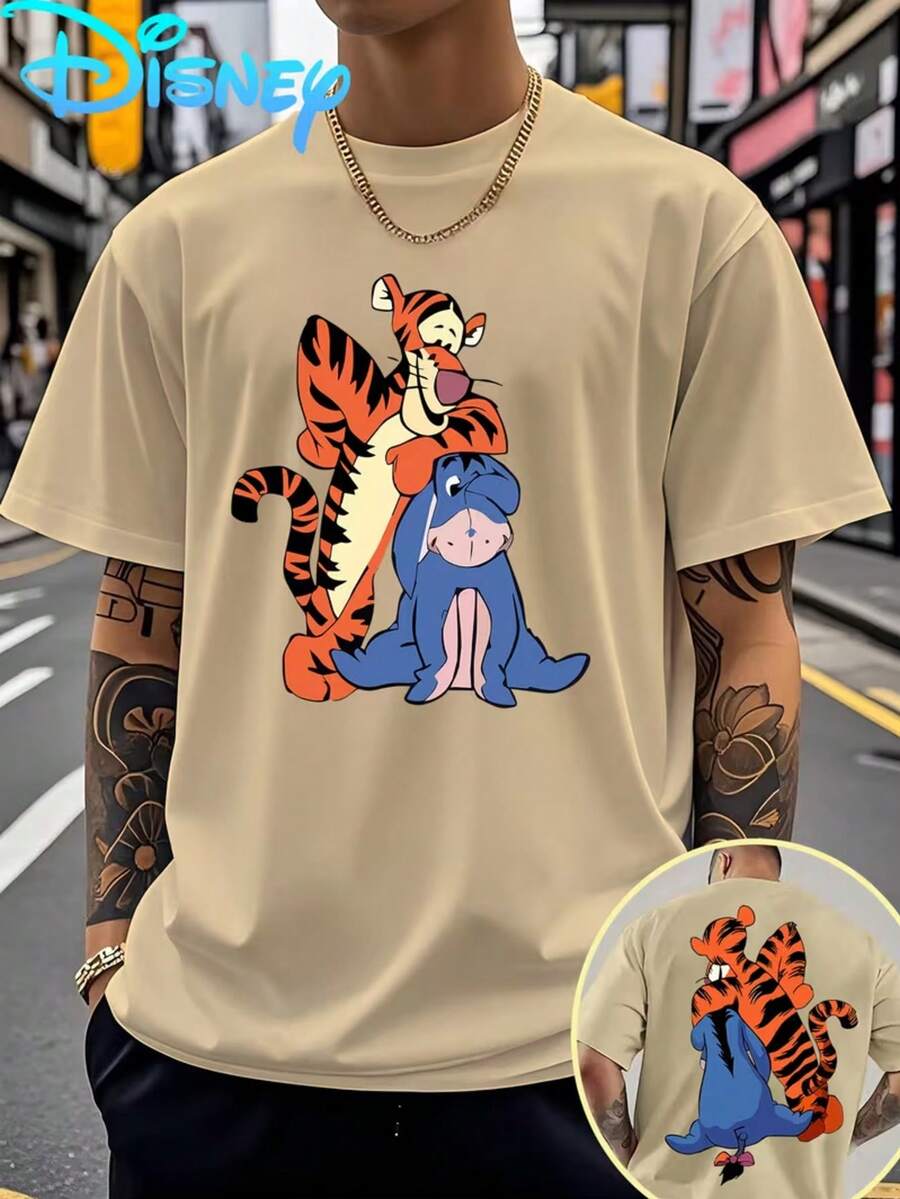 Disney Men's Summer Casualshort-SleevedT-Shirts, Tigger And Eeyore Frontandbackprints,Breathable Outdoor Sports And Home Leisure,Comfortablefabrics - 杏色 - 查看 1
