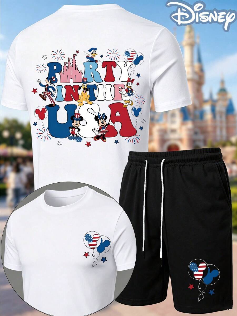 Disney "Party In The USA" 2-Piece Outfit, Summer T-Shirt & Summer Shorts Set, 4th Of July Mickey & Friends Graphic, Patriotic Casual Summer Outfit - 白色 - 查看 1