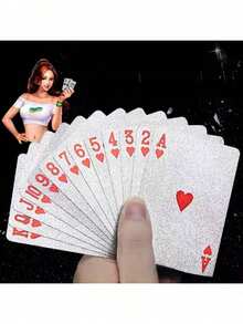 1 Set Waterproof 24K Gold Foil Playing Cards - Black & Gold Plastic Poker Deck With Shiny Foil Surface, Durable & Flexible, Perfect For Magic Shows, Parties, Game Nights, Home Entertainment & Holiday Gifts For Valentine's Day, New Year & Halloween - Silver - View 3