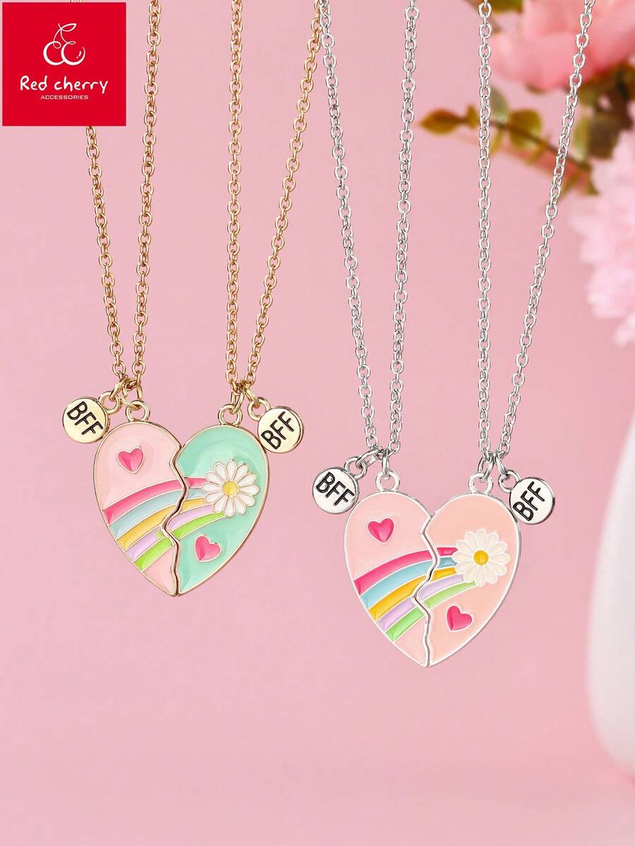 2件套儿童可爱时尚闺蜜礼物，夏季度假风磁性花朵、彩虹、爱心吊坠项链套装，适合日常佩戴、送礼、节日佩戴 - 項鍊 - 查看 1