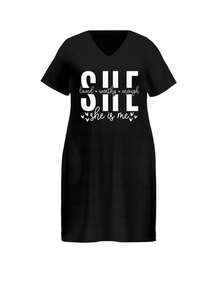 V Neck T Shirt Dress Black She Loved Worthy Enough She Is Me Print Casual Wear - 黑色 - 查看 1