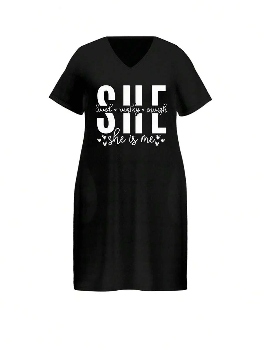 V Neck T Shirt Dress Black She Loved Worthy Enough She Is Me Print Casual Wear - 黑色 - 查看 1