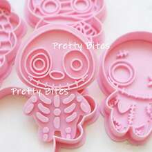 Cartoon Halloween Mummy Cookie Cutters Set Skull Skeleton Zombie Pressable Fondant Stamp Mold Halloween Party Cake Baking Tools - Pink - View 2