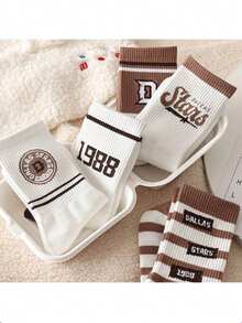 4 Pairs Random Socks, Suitable For Female Students In Spring And Autumn, Fashionable Korean-Style Knee-High Socks, Athletic American-Style Knee-High Socks, Comfortable For Daily Wear - Multicolor - View 2