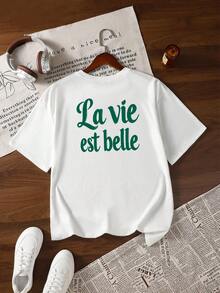 Áo thun nữ tay ngắn cổ tròn màu trắng, in chữ kiểu Pháp màu xanh lá cây, phong cách tối giản Paris, thời trang đường phố thường ngày, dáng rộng thoải mái, phù hợp cho du lịch và mặc hàng ngày vào mùa hè. - trắng - Xem 2