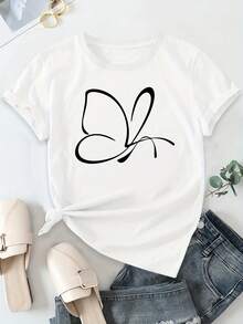 Women's Casual T-Shirt, 100% Butterfly Print - Soft Crew Neck, Short-Sleeved Top, Machine Washable, Spring/Summer Everyday Essential - Sleepwear - White - View 4
