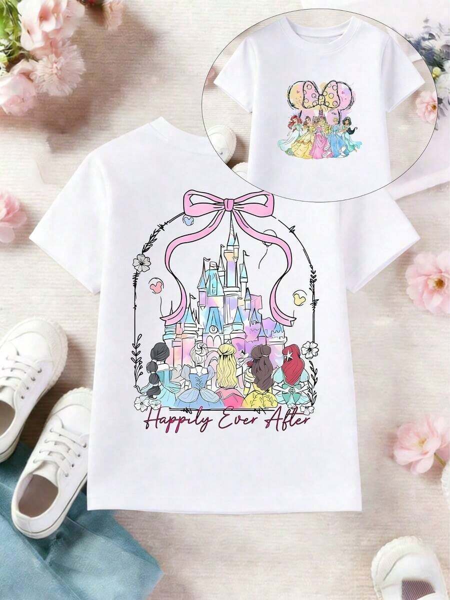 [Authorized By Disney] A 100% Cotton Blouse With Double-Sided Prints Of Disney Cartoons On It, Children Will Definitely Like It; This Casual Children's T-Shirt Features Disney Castle And Disney Princess Prints. - 白色 - 查看 1