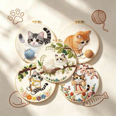 Handmade Cat Embroidery Kit Set, Cute Orange Tabby Cat Plush Decor, Multiple Styles Available, Home Decor For Living Room & Bedroom, DIY Adorable Pet