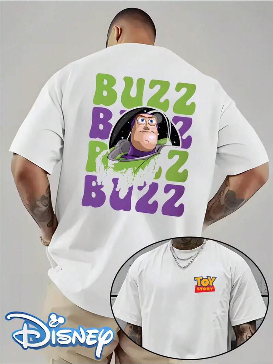 Disney Authorized, Toy Story Buzz Lightyear Contrasting Graffiti Decorative Art Pattern Printing, Men's Short-Sleeved T-Shirt, Round Neck Design, Machine Washable, Comfortable And Casual Wear, Men's T-Shirt. - 白色 - 查看 1