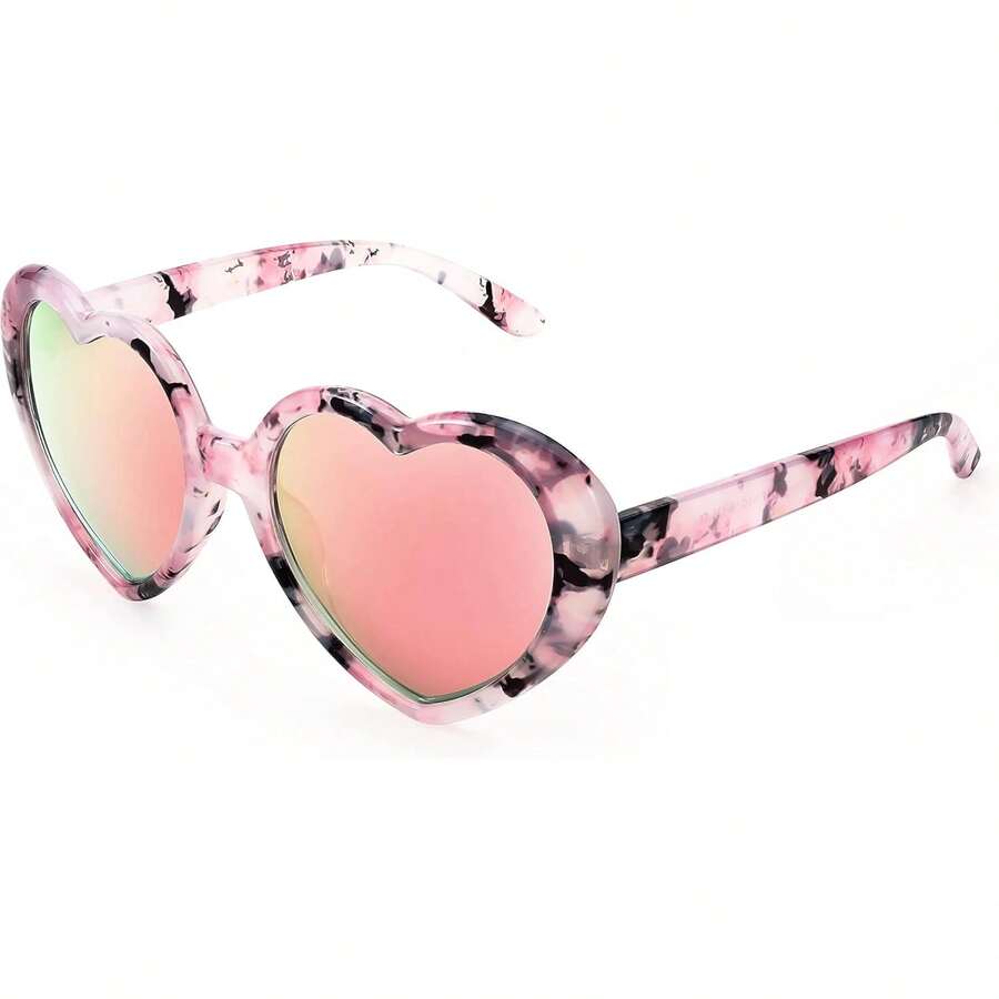 Gafas de sol polarizadas en forma de corazón de gran tamaño de moda vintage amor gafas para mujeres UV400 B2337 - Montura Floral y Lente Rosa Espejo - Ver 1