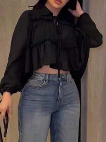 Camisa elegante y casual para mujer, diseño asimétrico, manga farol con lazo en el cuello, tela tejida de unicolor con bajo plisado, elegante para uso diario, citas, vacaciones, primavera/verano en color blanco - Negro - Ver 6