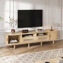 Oval TV Stand 170*40*40 Cm, TV Table, TV Cabinet With 2 Rattan Design Drawers, 2 Sliding Doors, Low Table And TV Table For TVs Up To 70 Inches, TV Board And TV Chest, Wood Color. - 駝色 - 查看 4