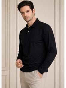 Men's Basic Plain Long-Sleeve Polo Shirt - 黑色 - 查看 7