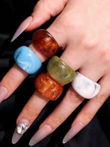 5pcs/Set Fashionable Glamorous Sparkling Unique Delicate Creative Luxury Versatile Elegant Geometric Colorful Resin Rings, Suitable For Women's Daily Wear, Festivals And Parties - Multicolor - View 3