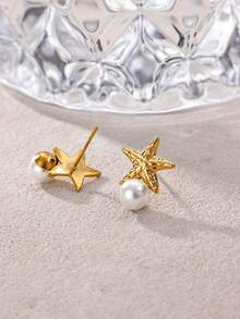 1 Pair Women's Elegant Starfish Faux Pearl Earrings, 18K Gold Stainless Steel Studs, Fashion Aesthetic Wedding Summer Beach Jewelry Gift - Yellow Gold - View 6