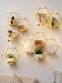 1pc Nordic Ins Style Metal Wall Mounted Hexagon Shelves, Creative Wall Hanging Storage Rack For Living Room, Bedroom - Gold - View 3