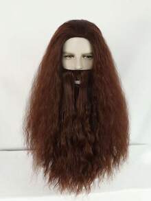 Brown Long Curly Wig With Beard Set For Men, Heat Resistant Silk Soft Matte Realistic Hair, Retro Wizard Style, Breathable Inner Cap Easy To Wear. Ideal For Halloween Party, Fantasy Cosplay, Stage Performance & Holiday Masquerade Men Full Head Wig. - Chocolate Brown - View 11