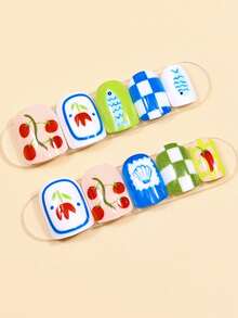 24 Square, Press-On Short False Nails, A Vibrant Orange And Blue Romantic Manicure To Brighten Your Spring Nails. Includes Application Tools, Gel Polish, And Nail File. - Multicolor - View 3