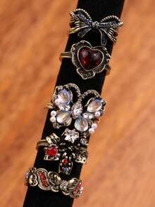 Set de 5 anillos con piedras preciosas falsas y rhinestones de estilo vintage y elegante, un regalo de joyería versátil y de alta gama para mujeres - Multicolor - Ver 8