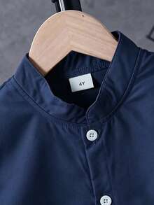 2pcs/Set Boys' Casual Solid Color Stamp Print Short Sleeve Button-Up Shirt + Shorts, Suitable For Summer Party, School, Photography And Outdoor Wear - Navy Blue - View 6