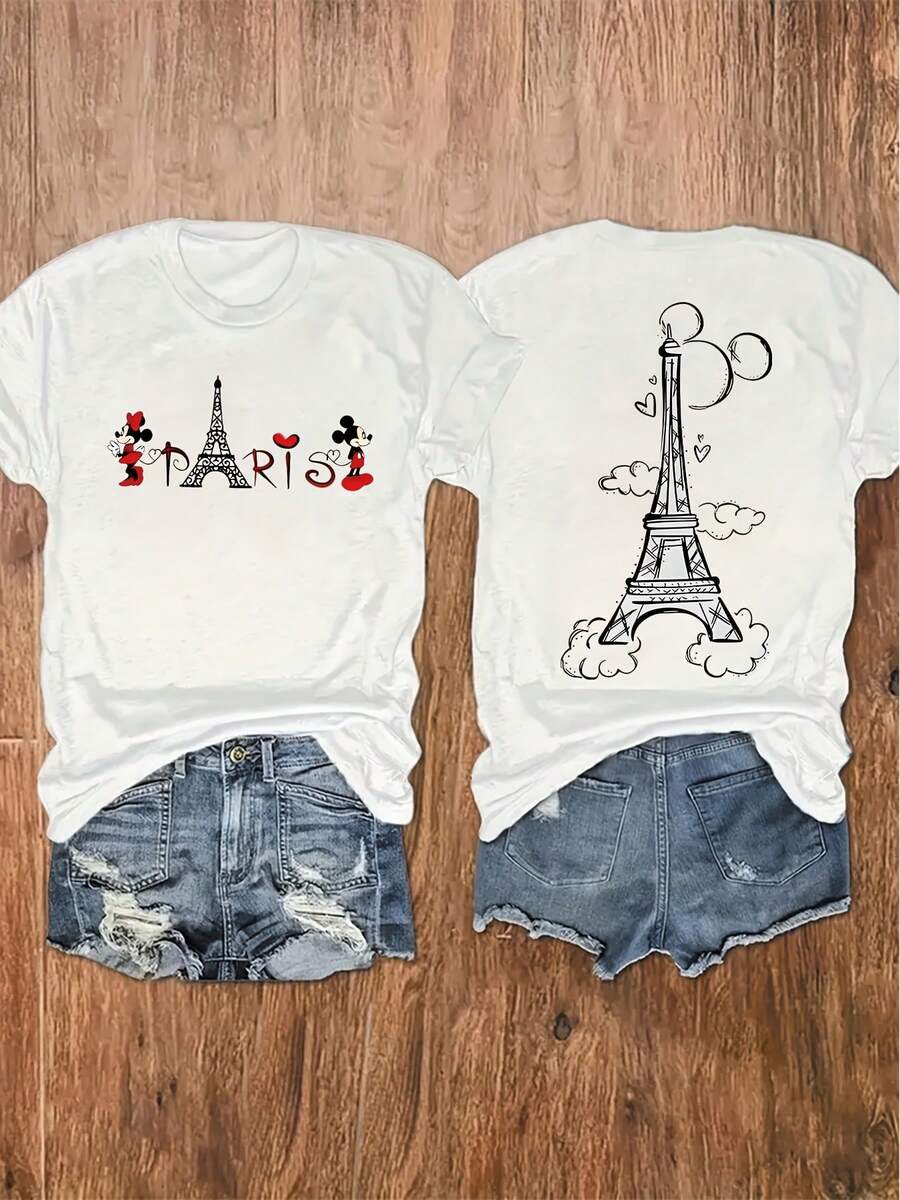 Disney T-Shirt With Eiffel Tower And Cartoon Character Prints, New Summer Short-Sleeve Top For Women, Casual Fashion Printed T-Shirt, Elegant Women's Clothing - White - View 1