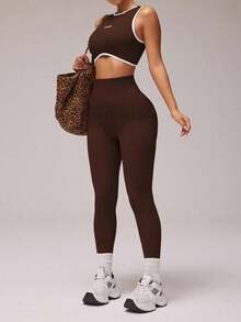 Women Letter Graphic Cropped Tank Top And Leggings Sports Set, Summer Workout Women Sets - 咖啡棕 - 查看 13