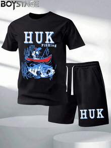 BOYSTAGE Men's Black Printed T-Shirt And Shorts Set, HUK Lettering And Fishing Pattern Print, Street Style Fashionable Casual Outdoor Clothing, With Pockets And Drawstring Waist Pants, Printed T-Shirt, 2026 New Casual Men's Set, Suitable For Everyday Casual Wear - Black - View 2