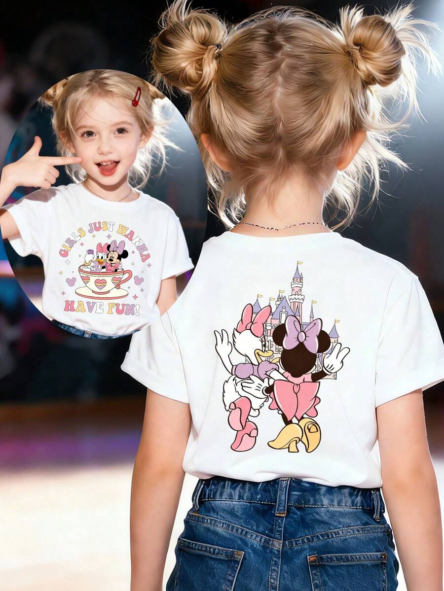 Disney Minnie Mouse And Castle100% Pure Cotton Children's T-Shirt, With Cartoon Print On Both Sides. This Casual-Style Children's T-Shirt Is Suitable For Both Boys And Girls, Making It An Ideal Choice For Christmas Parties And Everyday Outdoor Activities. - trắng - Xem 1