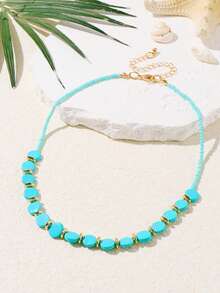 1pc Natural Color Beaded Necklace, Suitable For Women's Daily And Vacation Wear - Green - View 10