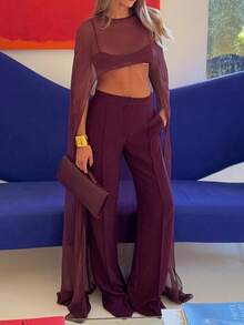 Baju Penutup Panjang Wanita dari Chiffon Transparan, Leher Bulat Tanpa Lengan Model High-Low, Bahan Jala Tenun Polos untuk Musim Panas - Burgundy - View 5