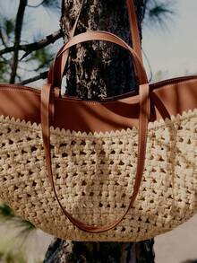 Women Tote Bags - Grass-colored With Brown Leather, Large Size - View 5