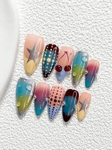 10Pcs Dopamine Style Handmade Nail Art Set,Polygel Nail Set,Cherries, Polka Dots And Stars Nail Art Decorations,Yellow, Blue And Dark Red Nail Polish,Retro Sweetheart Style,Comes With Nail Tools(1 Sheets Jelly Stickers+1PC Nail File)3 Sizes Available,Square Nails, Short Square Nails,Almond Nails,Suitable For Reunion,Daily,Party,Photograph,Play,Spring Summer,Commute Supplies Nails - Nhiều màu - Xem 19
