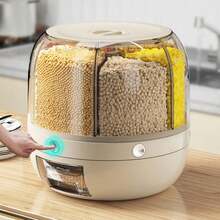 1 pieza Caja de almacenamiento de granos múltiples con rotación de 360°, cubo dividido en compartimentos para arroz, a prueba de humedad y de insectos, adecuado para almacenar diversos granos y arroz, recipiente de almacenamiento de alimentos, almacenamiento de cocina - Multicolor - Ver 3