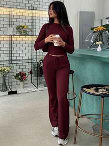 Women's Fashion Cropped Long Sleeve Top And Tie-Waist Flare Pants Sports Suit, Spring/Summer - 棕色 - 查看 8