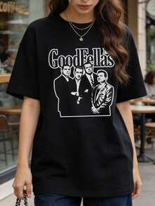 Camiseta de manga corta con cuello redondo suave y casual para mujer, estampado gráfico retro en blanco y negro, adecuada para uso diario casual. Color negro. - Negro - Ver 4