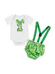 Infant Baby Boys Summer Suit, Short Sleeve Number Printed Bowknot Romper Tops Printed Suspender Triangle Shorts - Verde - Ver 1