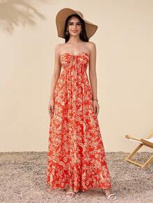 PARTHEA Đầm maxi nữ in hoa, cổ yếm, khoét ngực phía trước, lưng nhún, kiểu dáng suông, thích hợp cho mùa hè đi biển, màu đỏ. - Đỏ - Xem 6